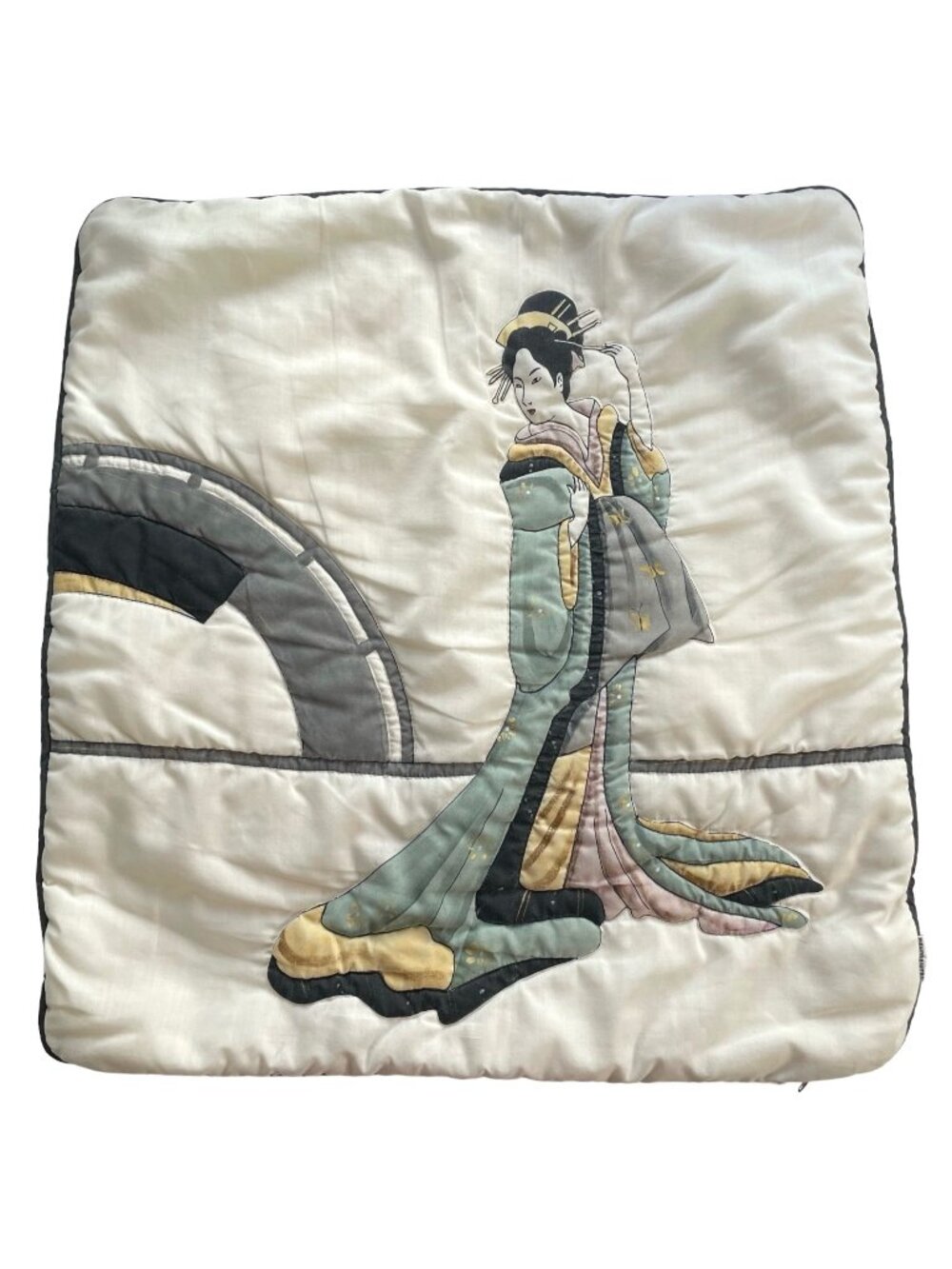 Vintage Handpainted Quilted Bijin-ga Japanese Geisha Scenic Throw Pillow Cover